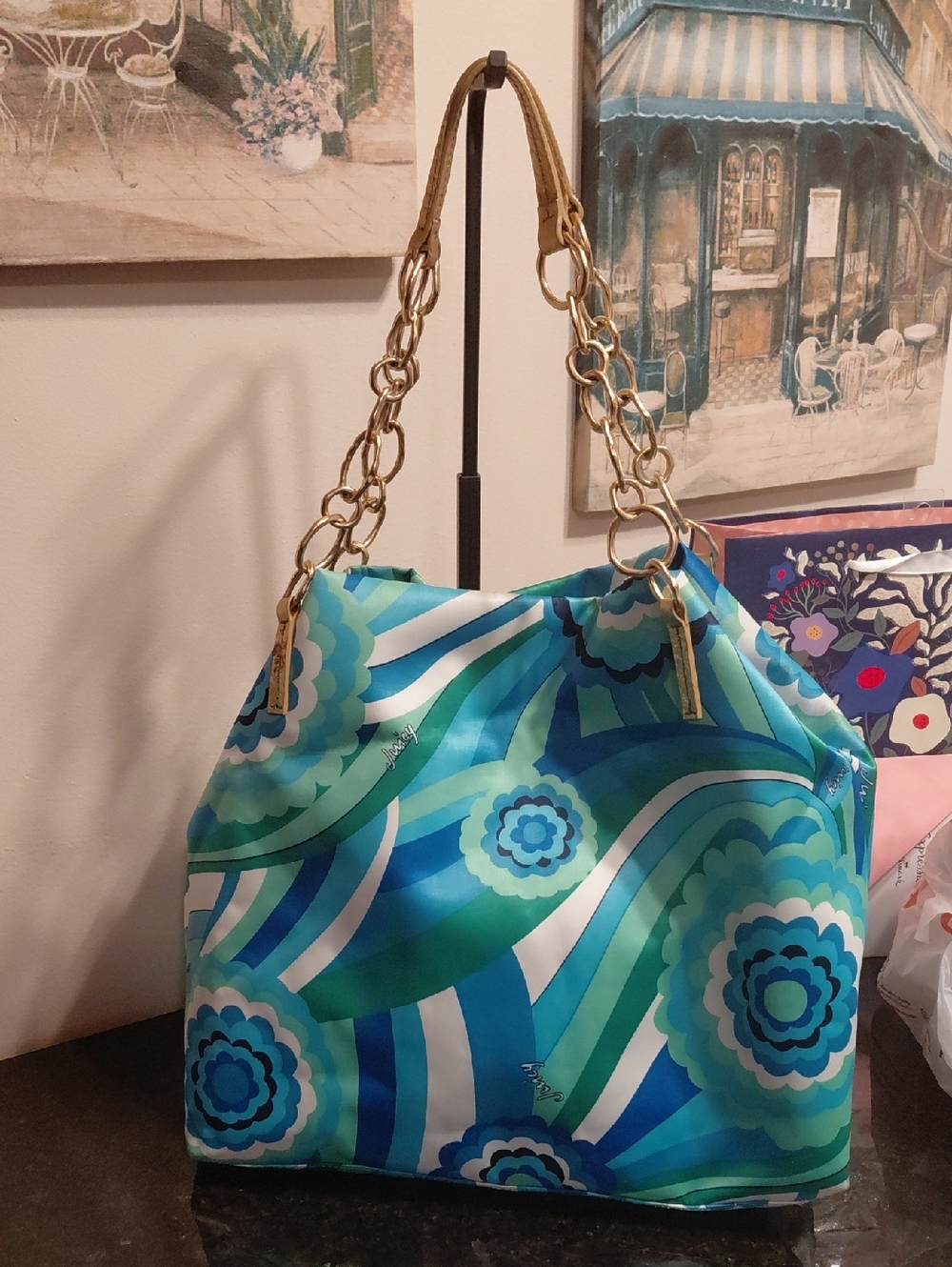 Vtg Y2K Era Juicy Couture Blue Green Satin Floral Chain-Handle Tote GUC! - Picture 3 of 16